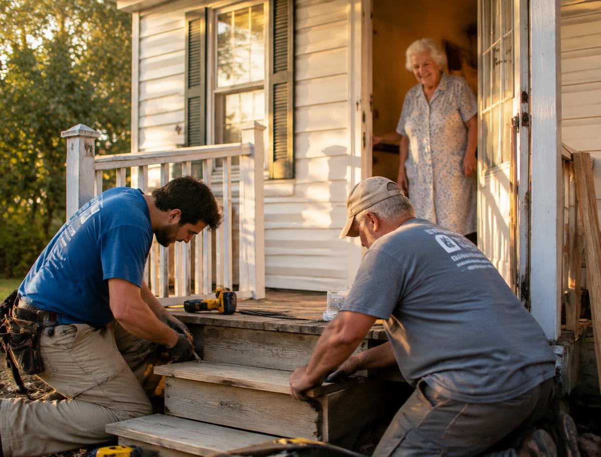 Volunteers repairing a widow's porch steps