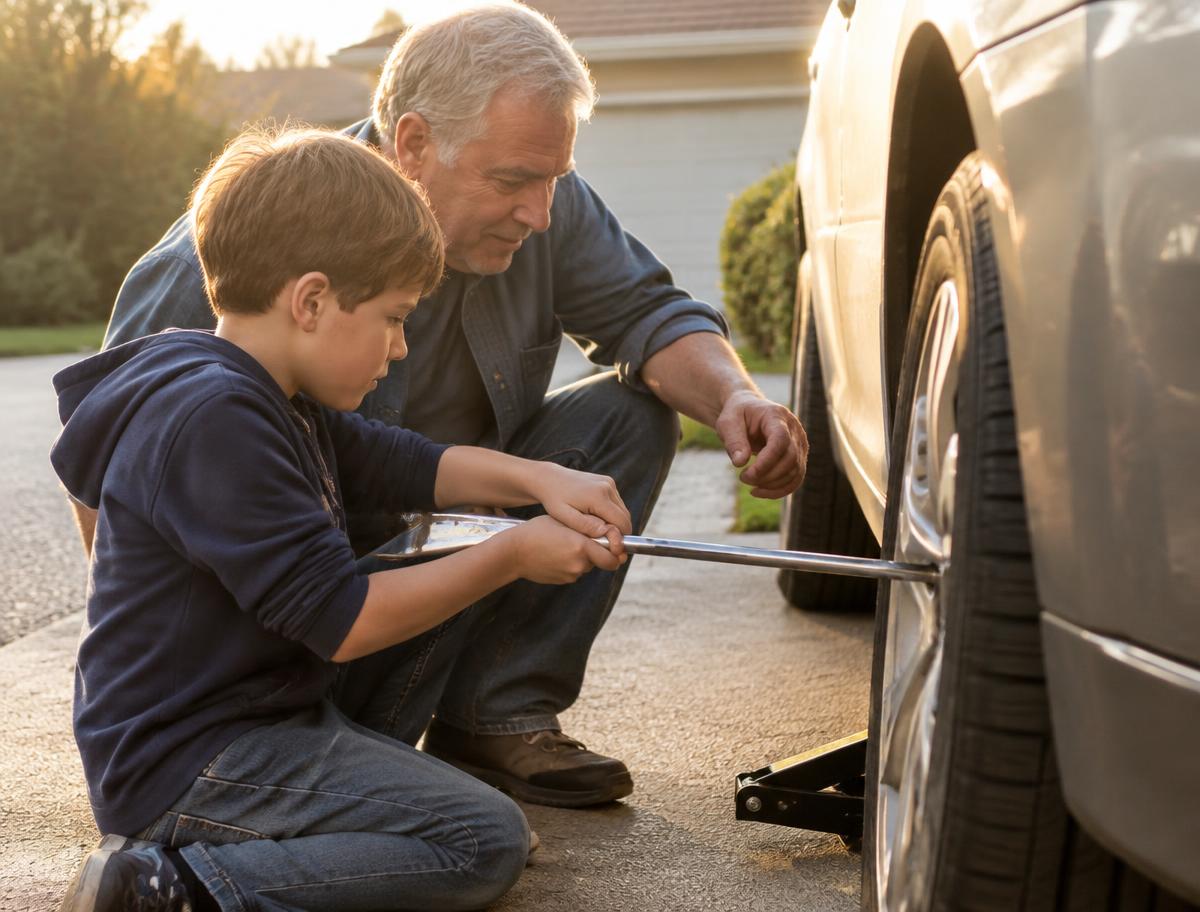 Teaching a boy to change a tire